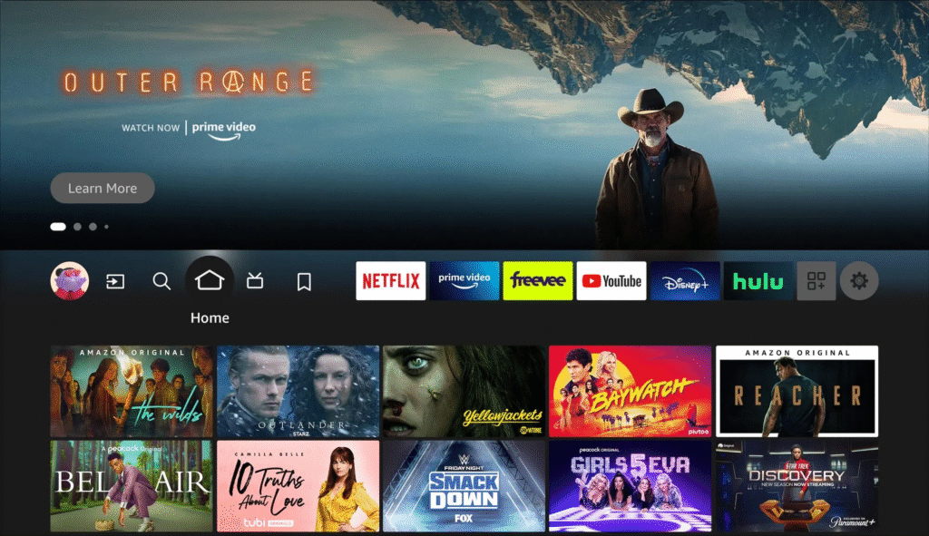 Amazon Fire TV new user interface showcasing a clean layout with quick access to streaming apps and personalized content recommendations.