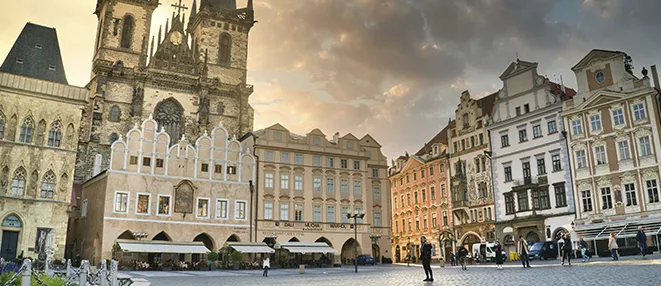 Prague city skyline with historic buildings and the Vltava River in the Czech Republic